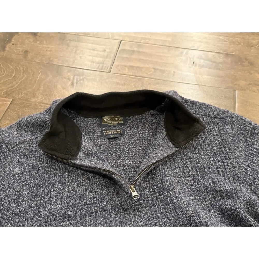 Pendleton Mens Navy Gray 1/4 Zip Washable Wool Pullover Outdoors Sweater Size L